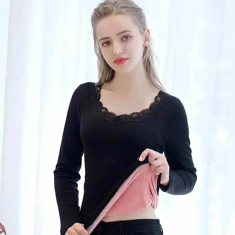 Chemise à bascule en dentelle pour femmes, sous-vêtement thermique en velours, col en V, basique, Thermos, hauts à manches longues, collection hi