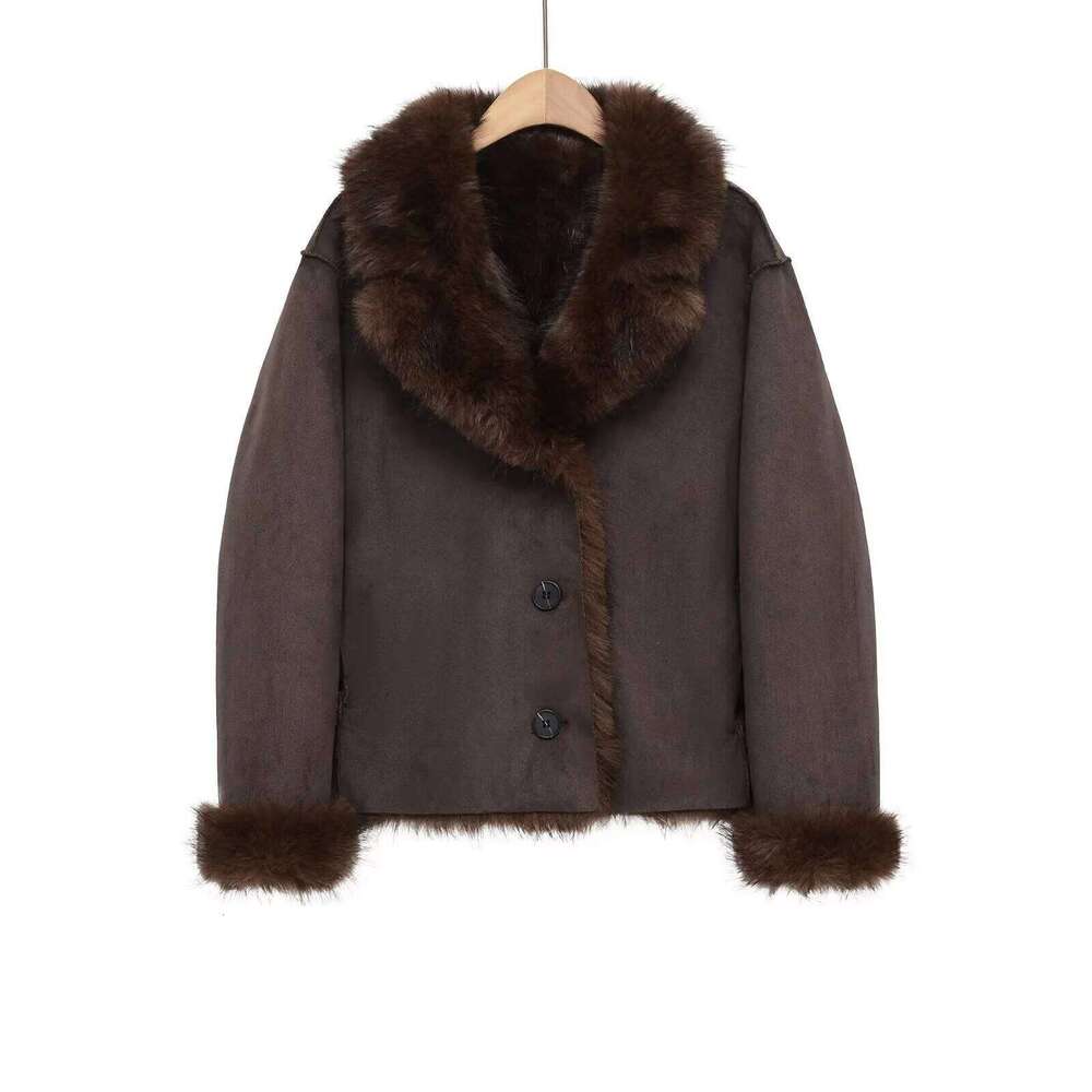 Automne nouvelles femmes décontracté revers à manches longues mode boutonné réversible fausse fourrure effet veste de luxe