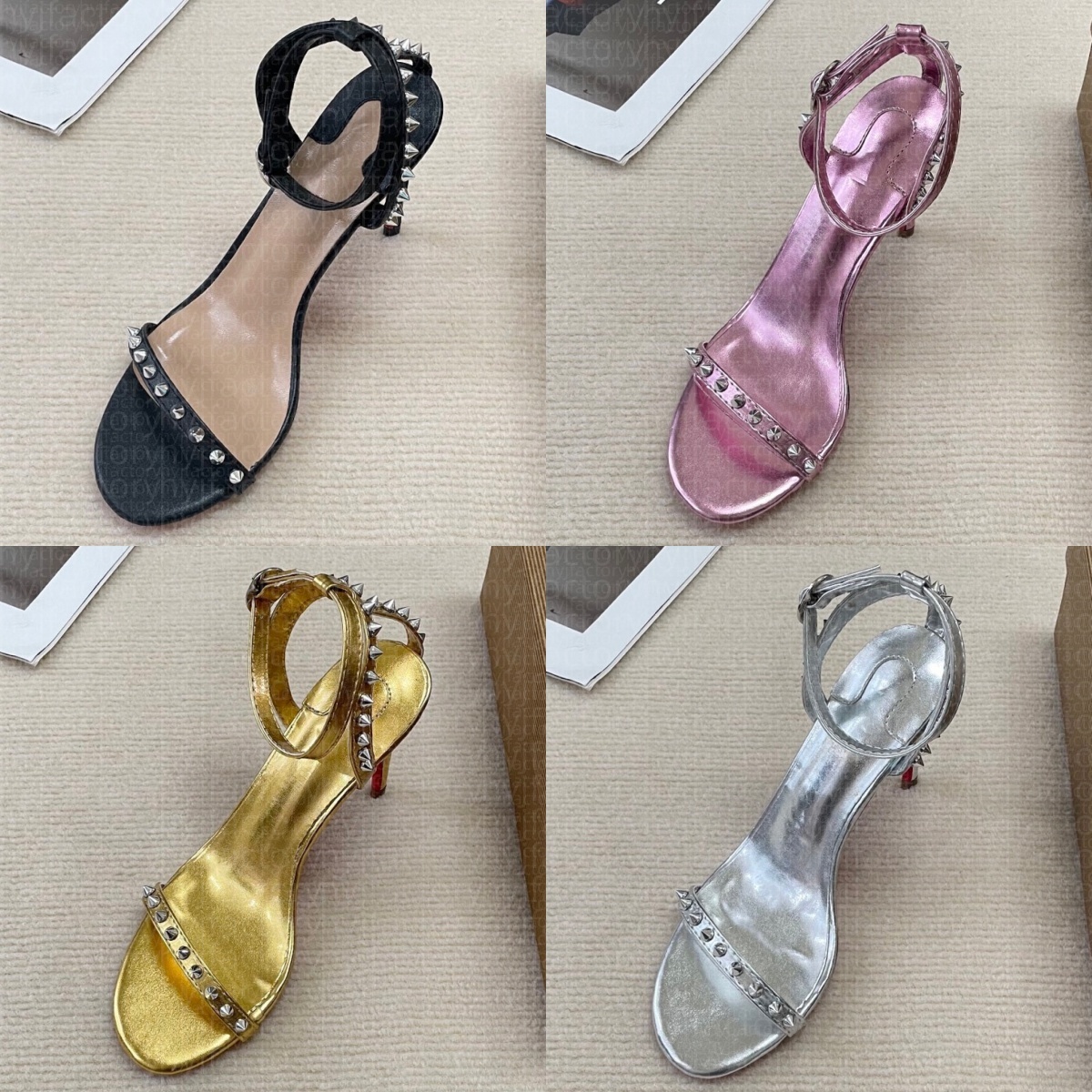 Designer Heels Womens Rivet Open Toes Sandals Fashion Buckle Strap Stiletto Heel Shoes Sandal Antiskid Comfortable Casual Shoe Silver Black Pink