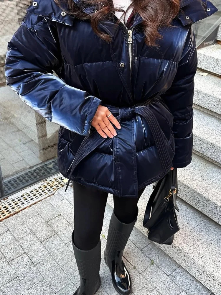 Chic brillant veste en coton à capuche avec ceinture femmes élégantes manches longues fermeture éclair à lacets manteaux dame 2026 hiver rue vête
