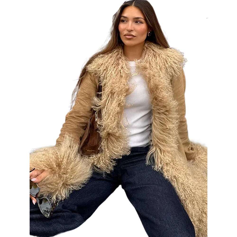 Chic fausse fourrure Patchwork laine femmes manteau revers manches longues solide longs manteaux automne hiver mode femme nouveaux vêtements d'ex