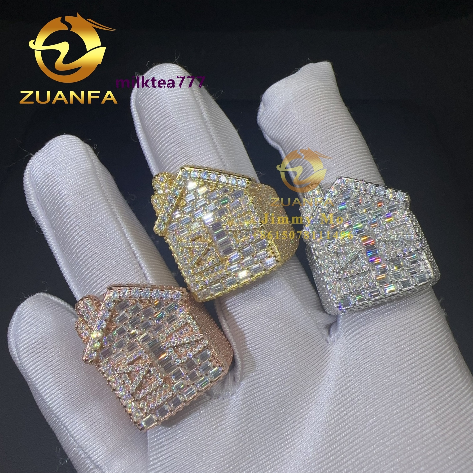 Wholesale Price Fashion GRA Certificate Iced Out Hip Hop Vvs Baguette Moissanite Diamond 925 Sterling Silver House Ring Men