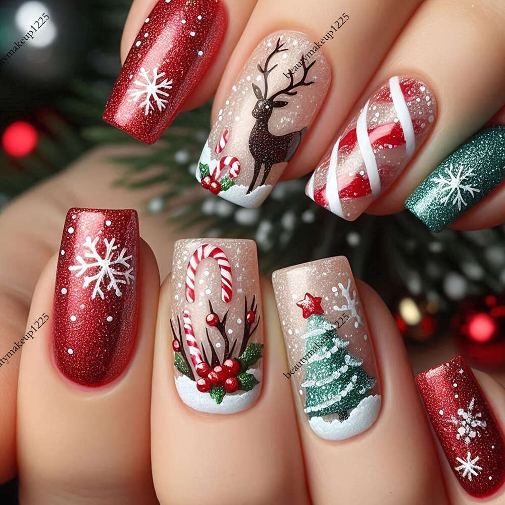 24 faux ongles carrés de taille moyenne, motif flocon de neige rouge, cerf, baies de Noël, couverture complète, adaptés aux femmes à porter penda