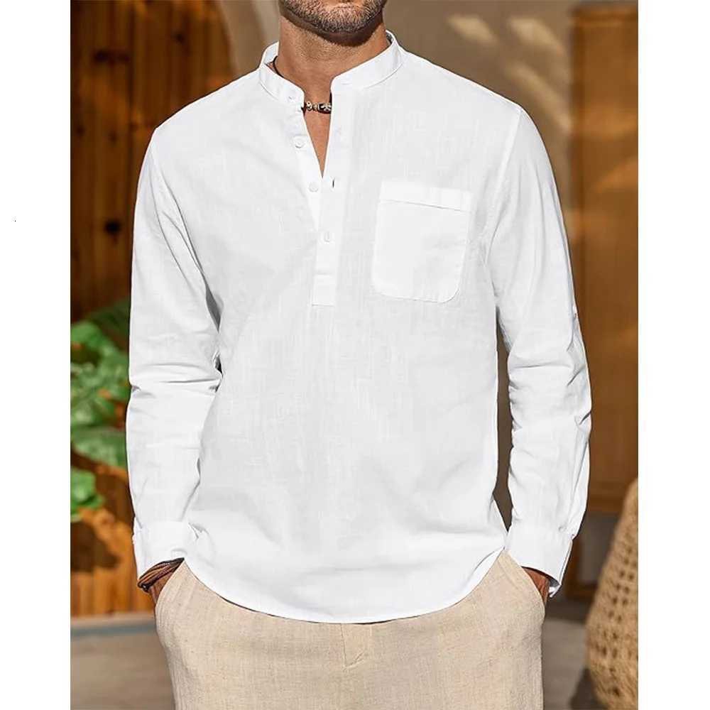 Nouveaux chemises en lin de coton pour hommes chemise décontractée vacances légères à manches longues col Henley chemises de plage t-shirt hawaïe