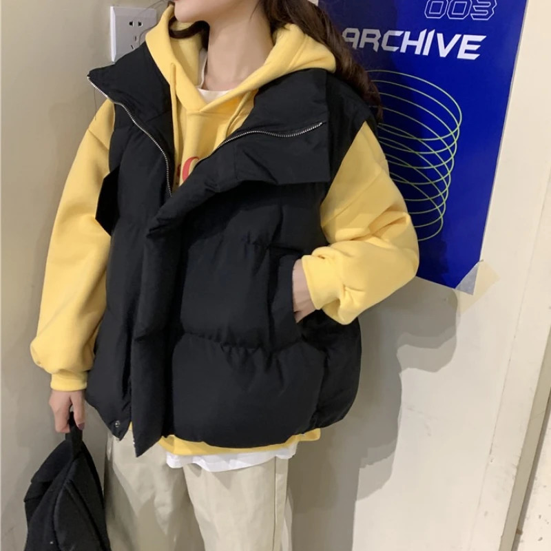 Autumn Winter Women Fashion Stand Collar Elegant Coats Loose Zipper Warm Padded Outerwear Casual Sleeveles Vests Jackets 251129