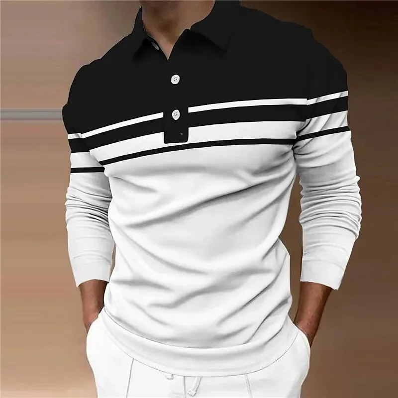 Mens Striped Rugby Long Sleeve Polo Shirt Lapel Shirt Sports Casual Outdoor Office Daily Wear Button Spring Autumn Winter 251203