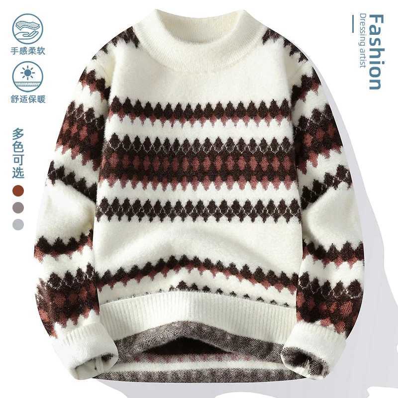 Vintage Contrasting Color Mens Striped Sweater Diamond Pattern Winter Casual Cashmere Knitted Pullover Brand Clothing Warm W251205