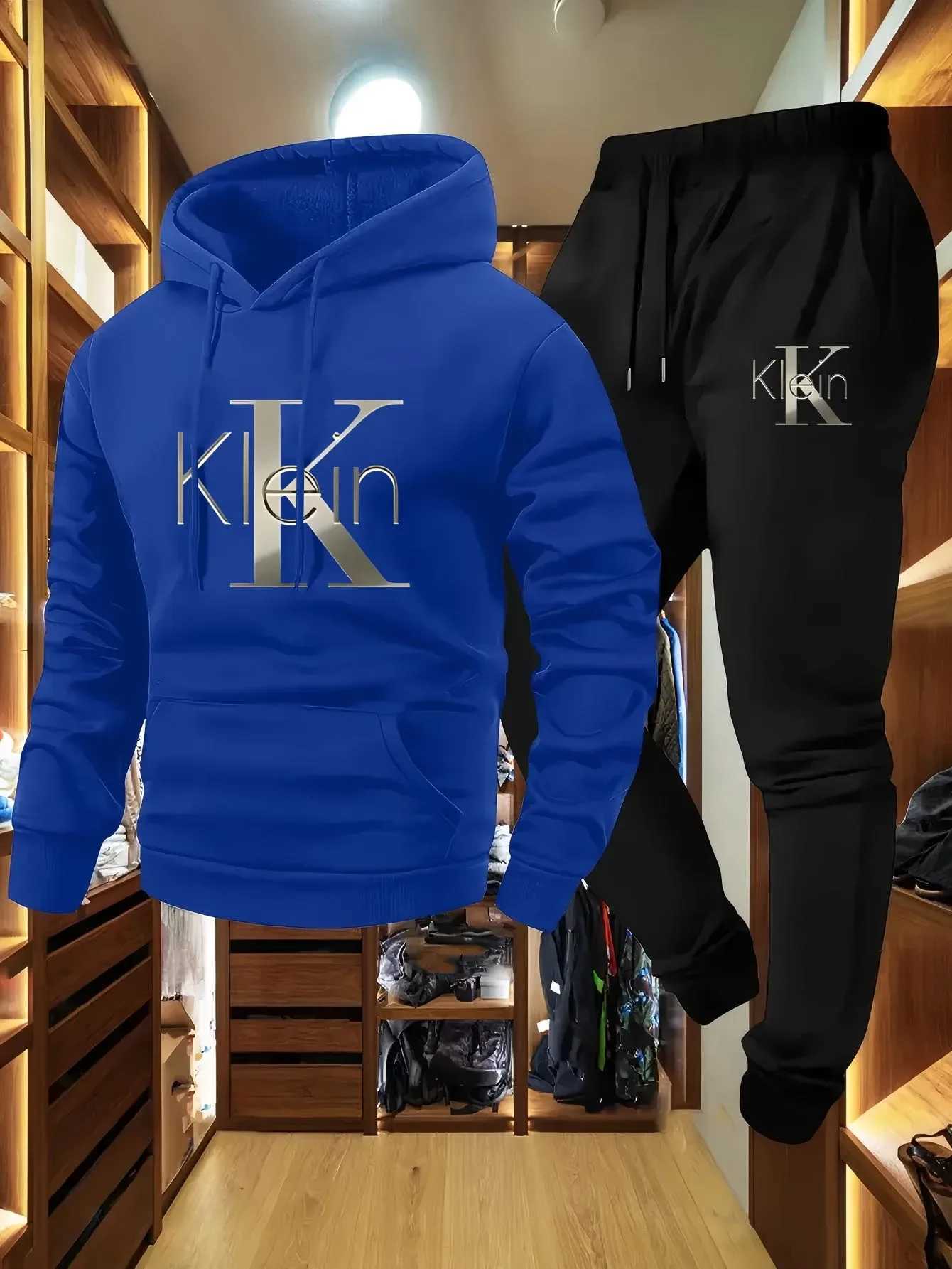 Hommes Casual Deux Pièces Ensemble Automne Hiver Motif Sweat À Capuche Pantalon Long Costume De Sports De Plein Air Avec Poches Coupe Régulière X
