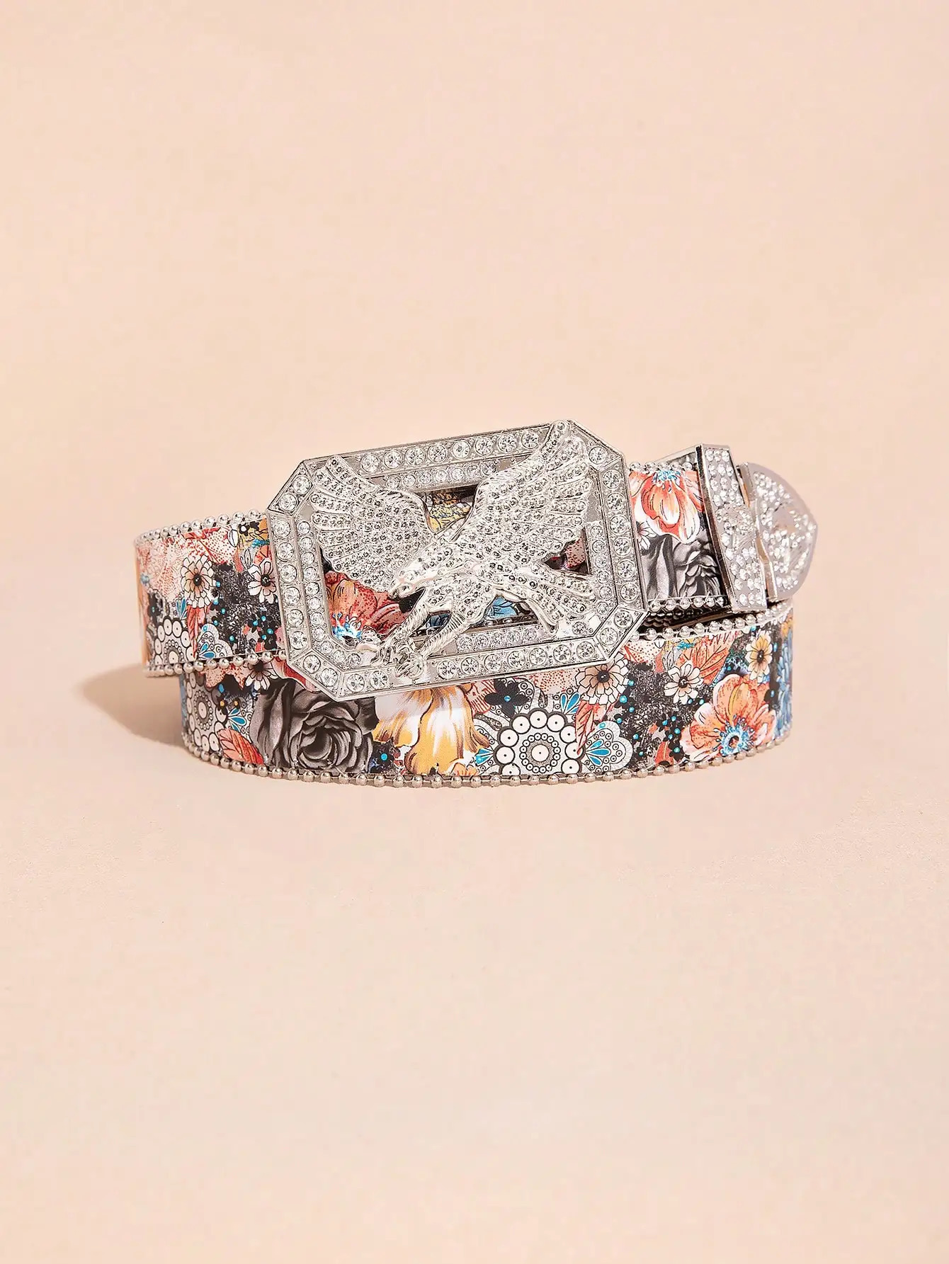 Cintura da donna con strass multicolore lucido 1pc fibbia in metallo con stampa di fiori colorati Una cintura decorativa versatile per jeans 251126