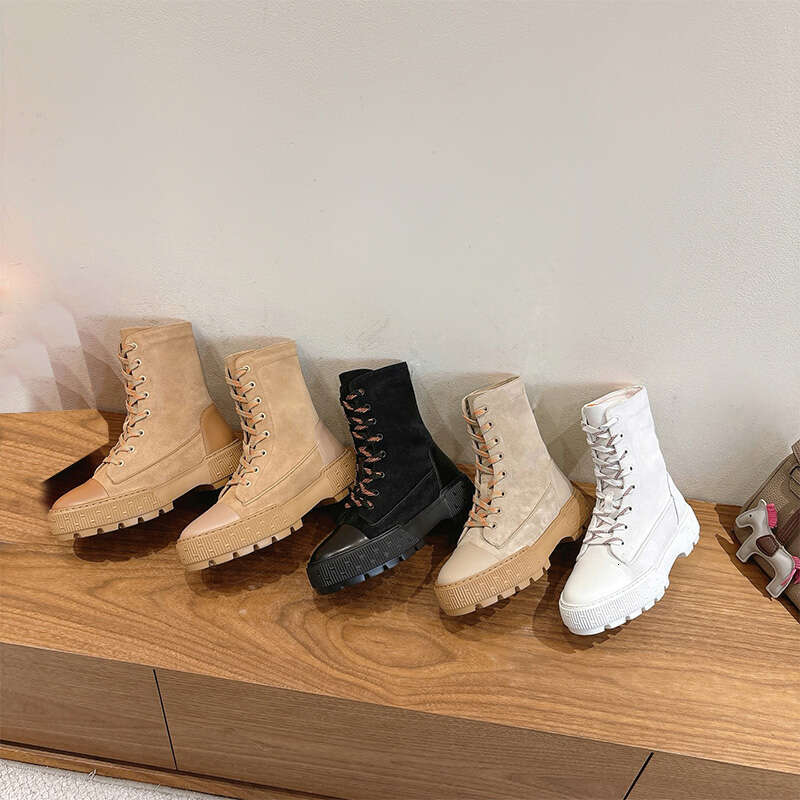 Womens Designer Ankle Boots-Leather Lace-Up PlatformRound Toe Winter Boots for Women