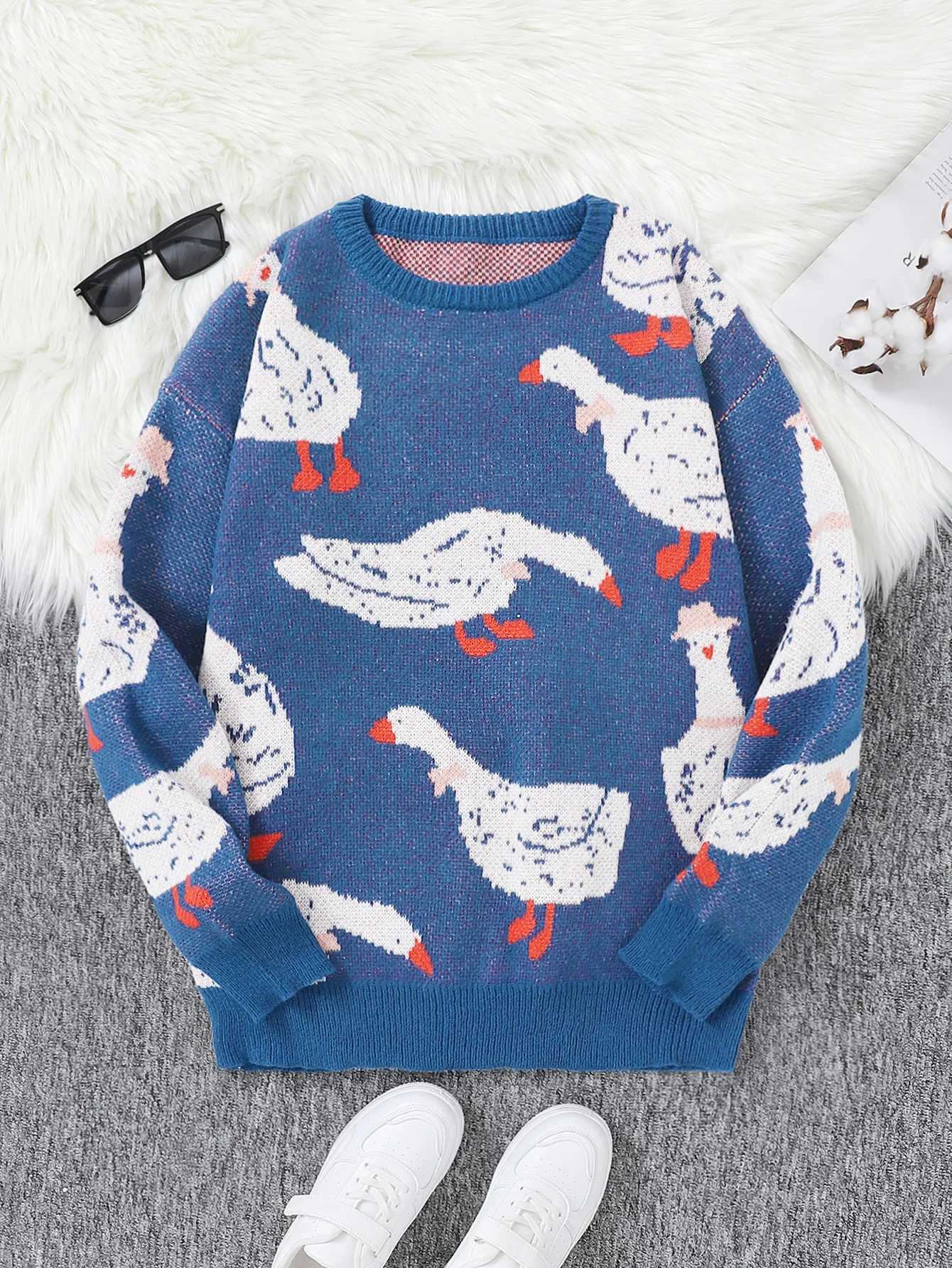 Nouveau populaire automne hiver mignon canard Jacquard motif pull pull décontracté col rond contraste couleur tricoté hommes pull W251205