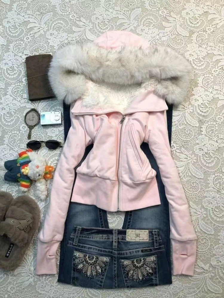 Aesthetic Vintage Slim Hooded Coat Women Winter Y2k Retro 2000s Zipper Fur Collar Hoodies Korean Streetwear Clothing 2025 251129