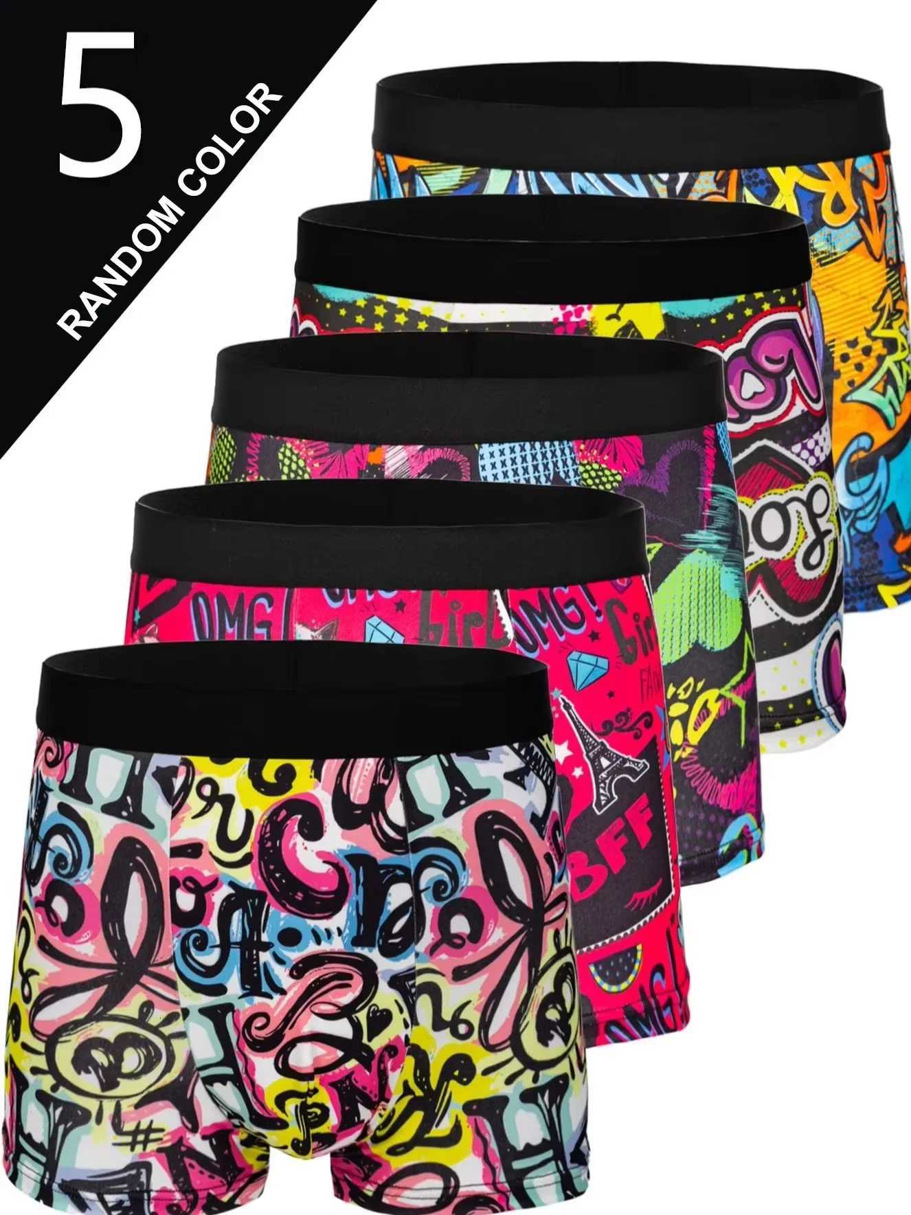 5pcs Aléatoire Mode Hommes Boxer Shorts Fun Graffiti Imprimer Halloween Sous-Vêtements Confortables et Doux Hommes Culottes X251205
