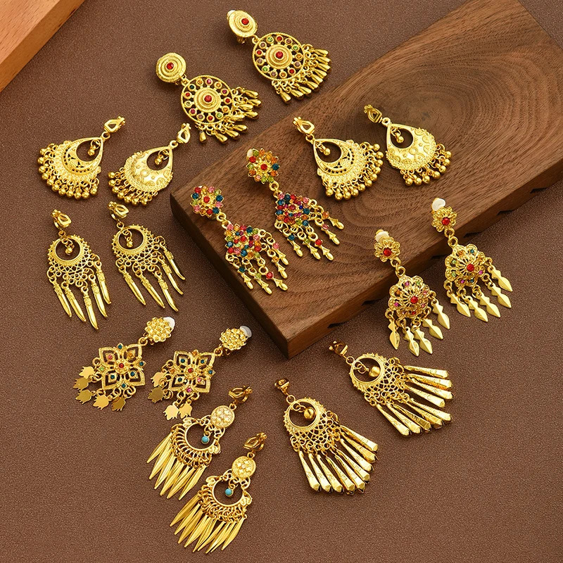 Vintage Coloré Strass Oreille Clips pour Femmes Bohème Gland Ethnique Dangle Boucles D'oreilles Non Piercing Mode Bijoux De Fête 251205