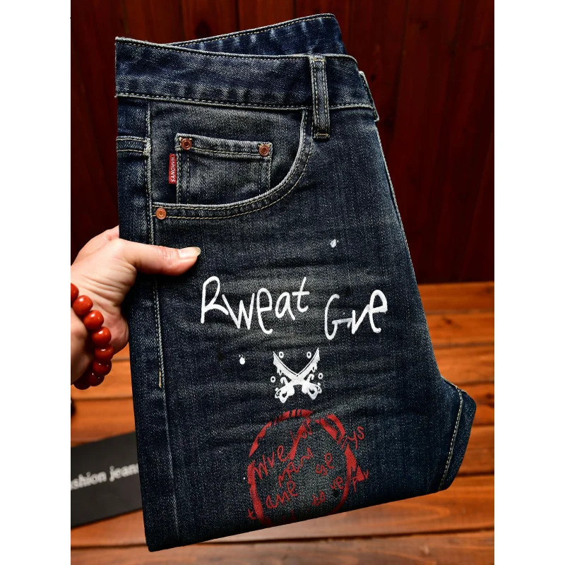 High-end Paint Graffiti Print Jeans for Men 2025Autumn Slim Fit Casual Trendy American Street Style Pants 251201