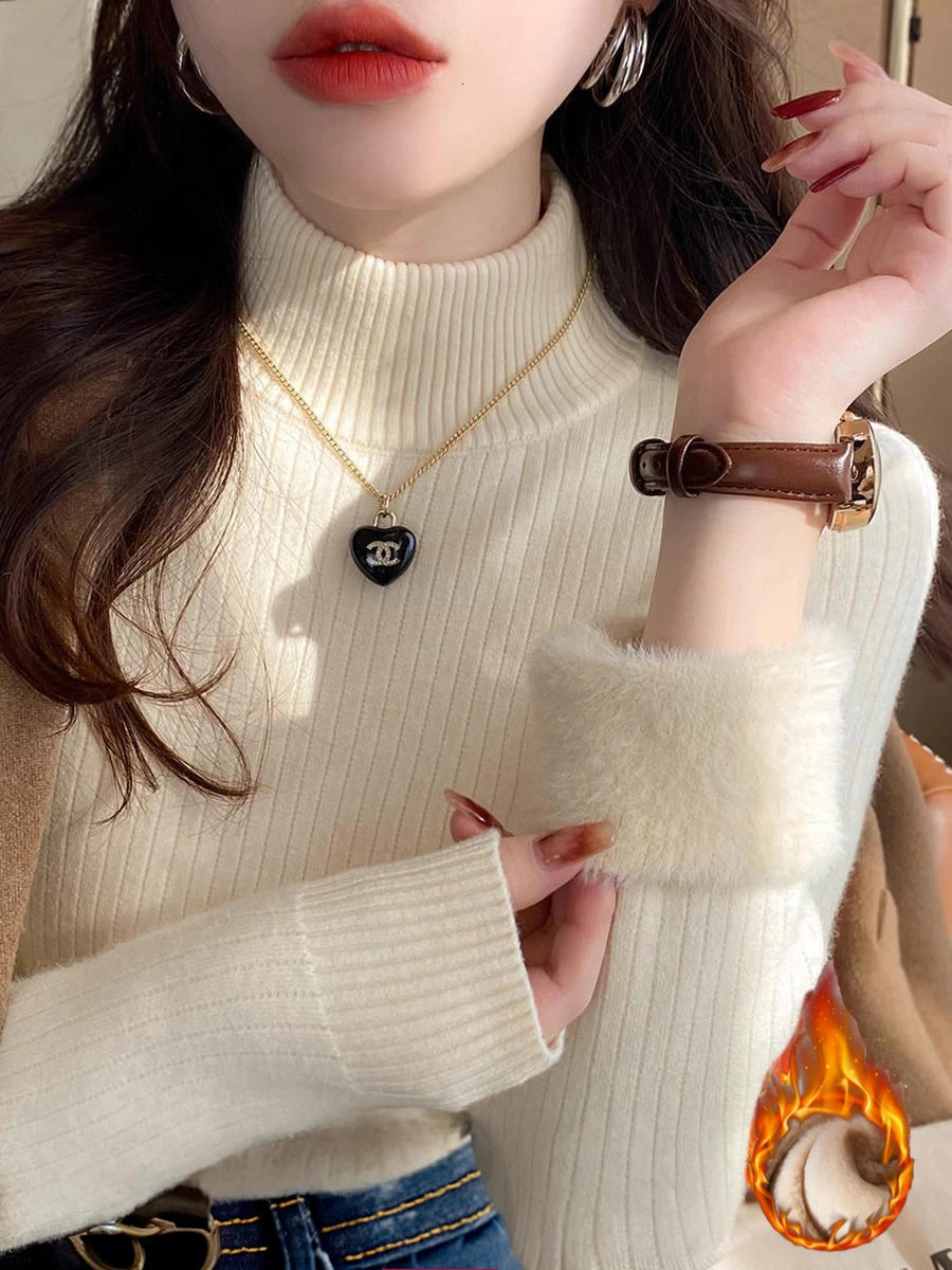 Pull pour femmes hiver épaissir col roulé mince tricot pull chaud en peluche velours doublé tricots pull hauts décontracté Poleras251129