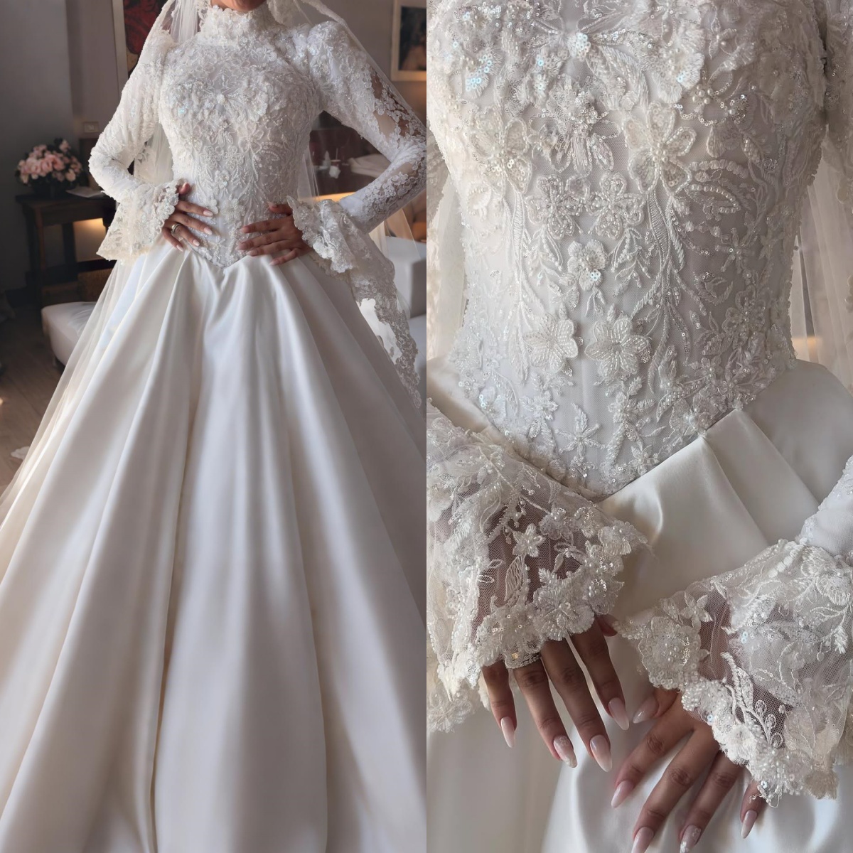 Elegant Women Wedding Dress High Collar Long Sleeves Bridal Gowns Sequins Lace Appliques Sweep Train Dress Custom Made vestidos de novia