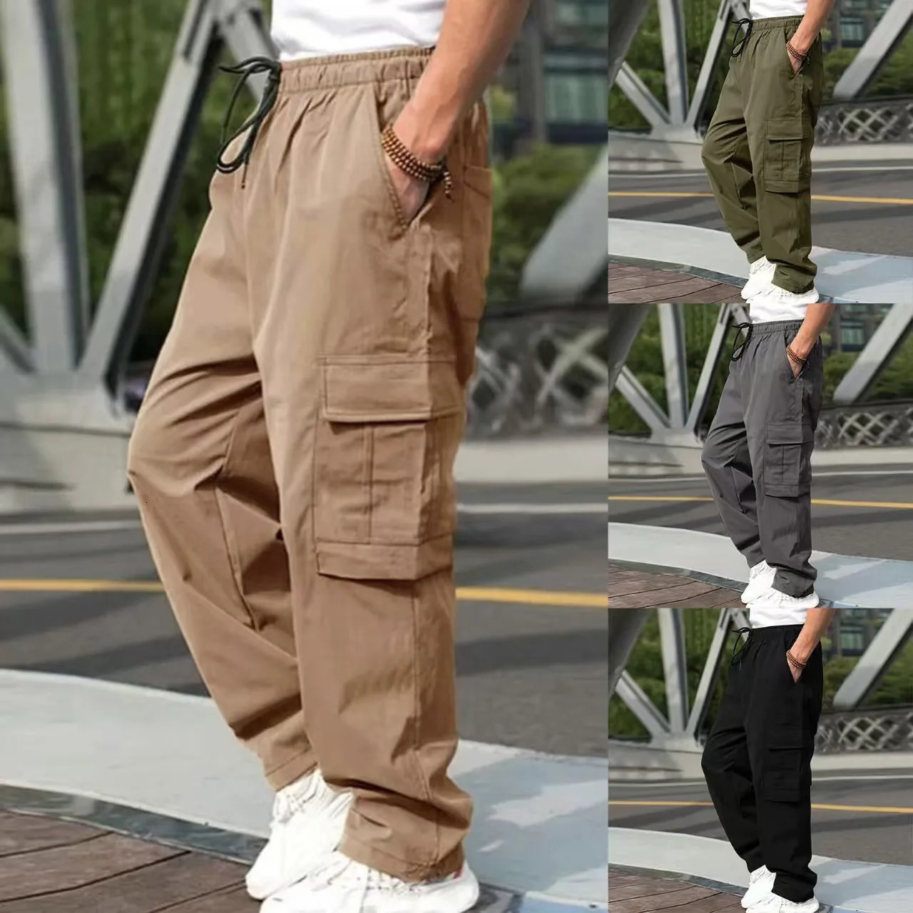 Pantalon cargo pour hommes Taille élastique Élastique Multi-poches Pantalon de travail de combat en plein air Fitness Sports Pantalons décontract