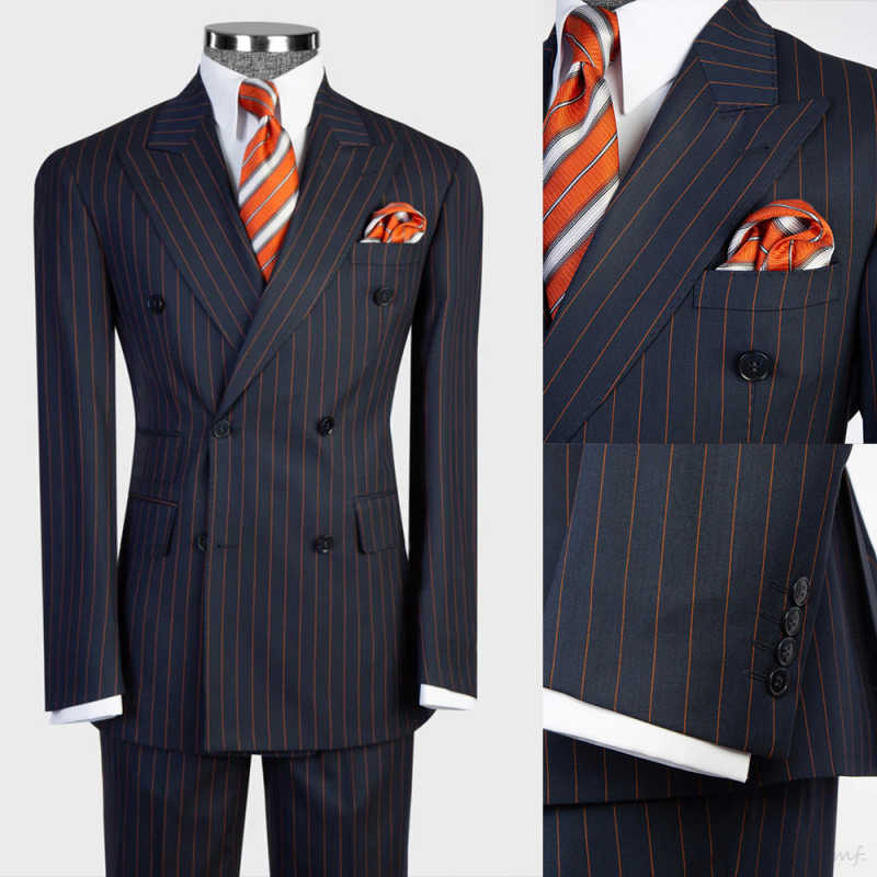Costume Slim à Double boutonnage pour hommes, rayé bleu marine, deux pièces (veste + pantalon), tenues formelles de fête d'affaires, de bal et de
