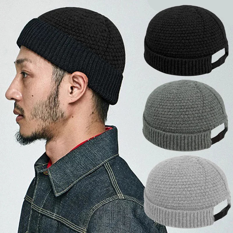 Chapeaux tricotés en laine pour hommes femmes retrousser bord épais crâne Melon Cap automne hiver solide chaud propriétaire décontracté Hip Hop B