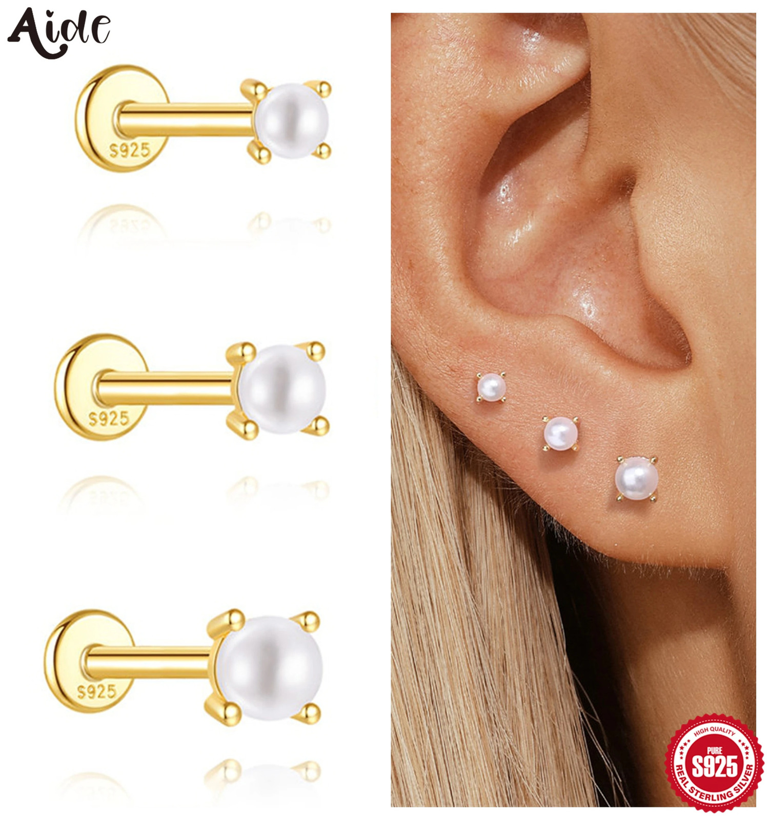 Aide Minimalism 2-3-4mm Pearl Ear Stud Earrings 925 Silver Round Natural Pearl Ear Bone Flat Piercing Stud Fine Jewelry 1pc 251202