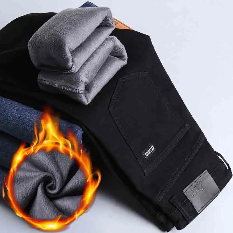 Winter Pure Black Fleece Thick Warm Jeans Mens Slim Straight Elastic Denim Pants Casual Male Clothing Fashion Plush Trousers 251128
