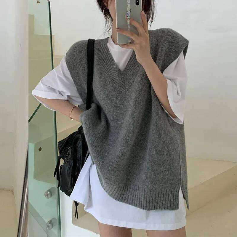 Créateur de mode automne sans manches femmes lâche gilet décontracté mode couleur unie élégant col en v tricoté haut style coréen pull tricots