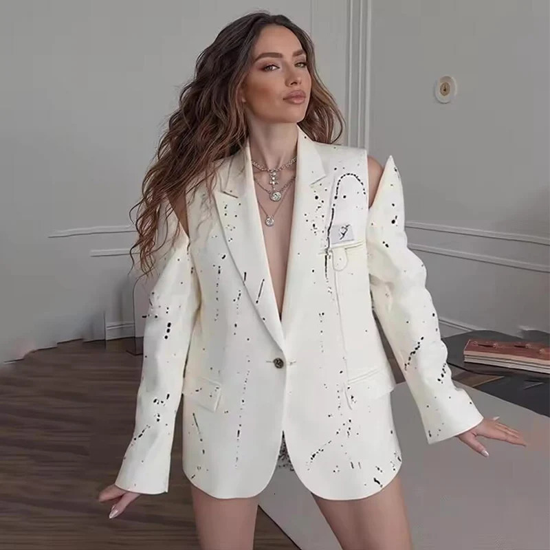 Graffiti Hollow Out Off Shoulder Blazer Coat Woman Print Lapel Single Breasted Long Sleeves Jacket Casual Chic Womens Suit Coat 251202