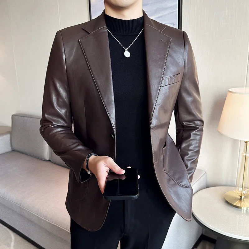 Faux Leather Blazer Jackets Men All Match Business Casual Long Sleeve Mens Casual Blazers Slim Fit Single Breasted Suit Coat Man 251204