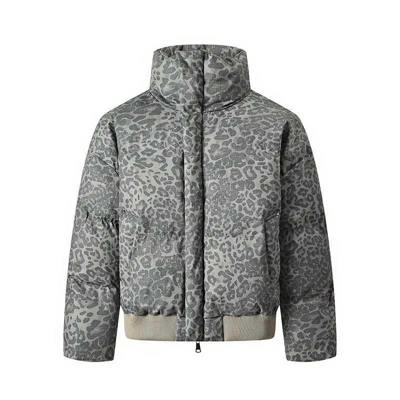 Rétro imprimé léopard court vers le bas veste en coton rembourré hommes veste d'hiver 2025 nouveau col européen américain manteau de pain vêtemen