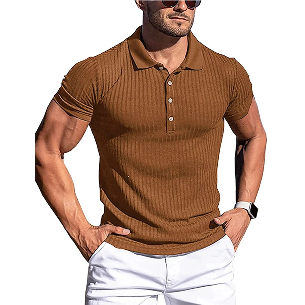 Polo d'été hommes solide rayure Fitness élasticité à manches courtes polos pour hommes mode col montant chemises pour hommes 251203