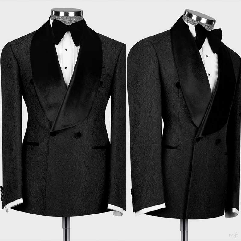 Black Men's Suits Tailored One Piece Jacquard Blazer Double Breasted Wedding Peaked Satin Lapel Tuxedo Custom Made Plus Size