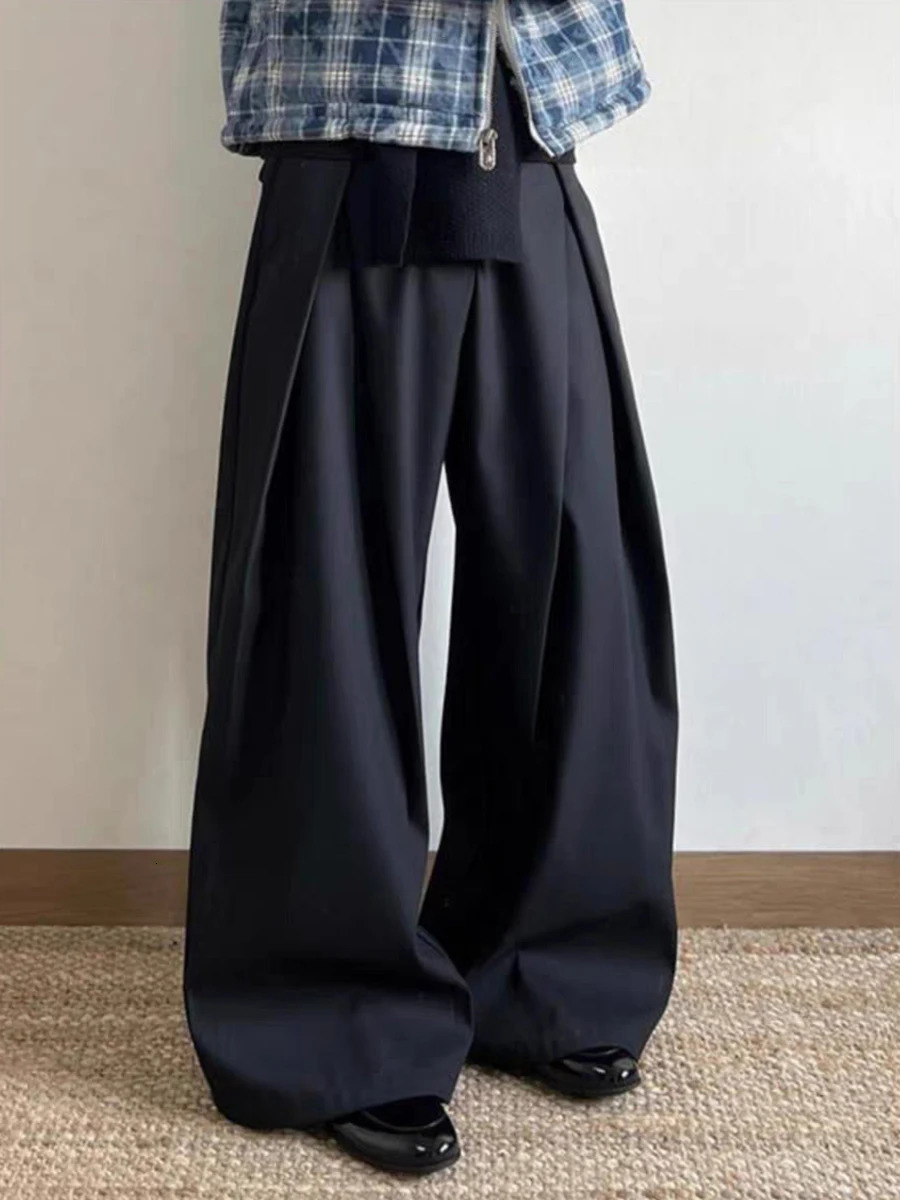 RORORIRI Business femmes plissé avant fer à cheval costume pantalon Vintage noir surdimensionné solide large drapé pantalon décontracté OL vêteme