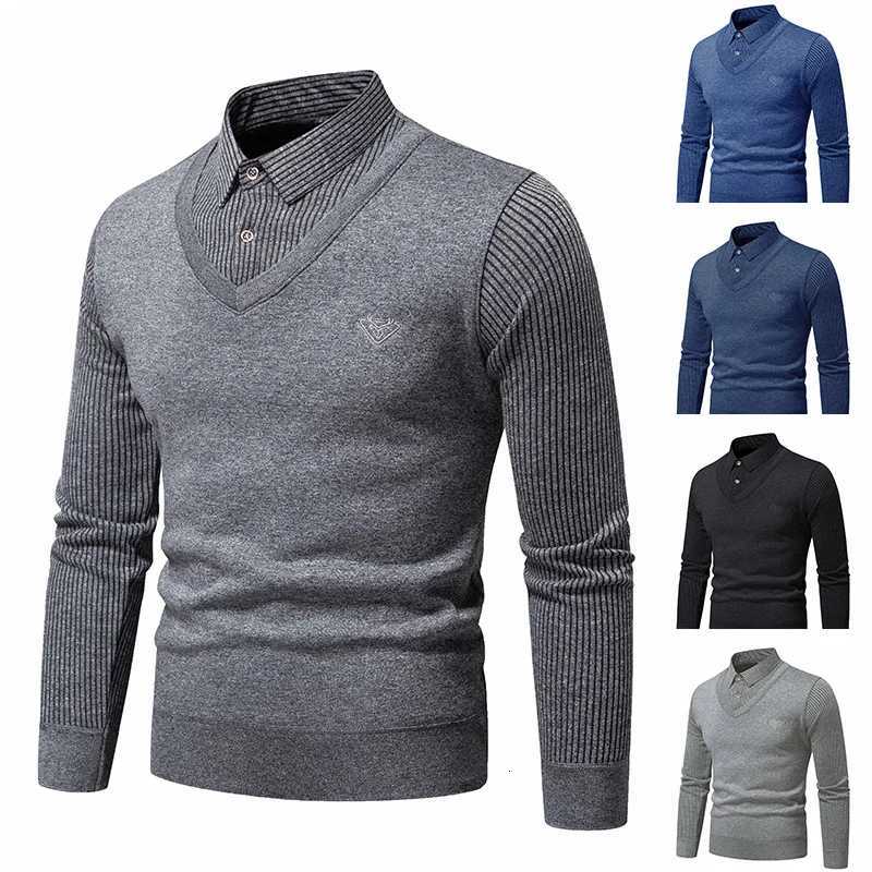 Automne et hiver nouveaux hommes faux pull deux pièces avec polaire et col polo coupe ajustée chemise inférieure tricotée épaissie et chaude W251