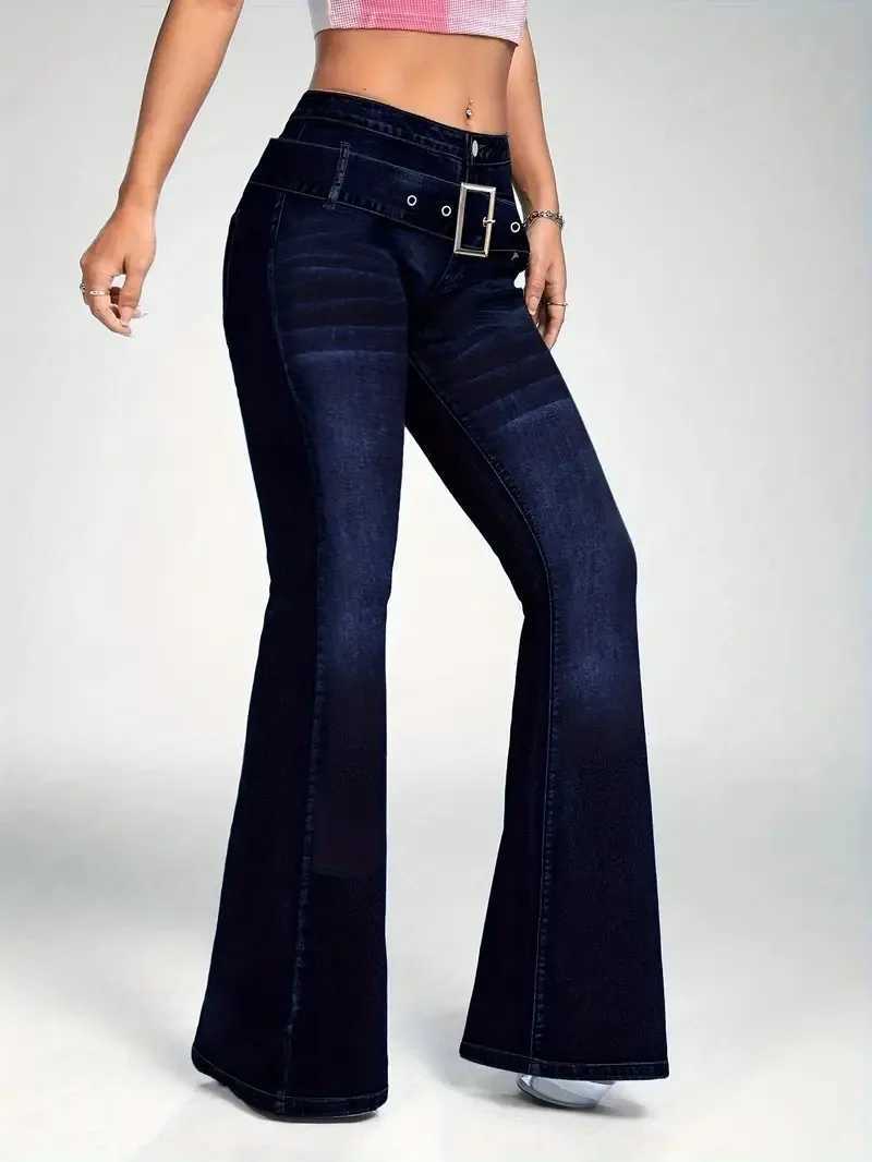 Womens fashionable casual wash dark blue decorative strap buckle stretch slim fit slim flared jeansT251205