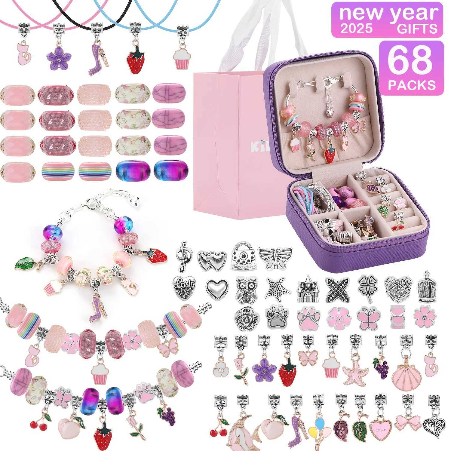 68Pcs Beading Kit with a Violet Jewelry Box- Pink Charms Bracelet Making Kit DIY Beaded Bracelet Necklace Making Gift Box Y251205