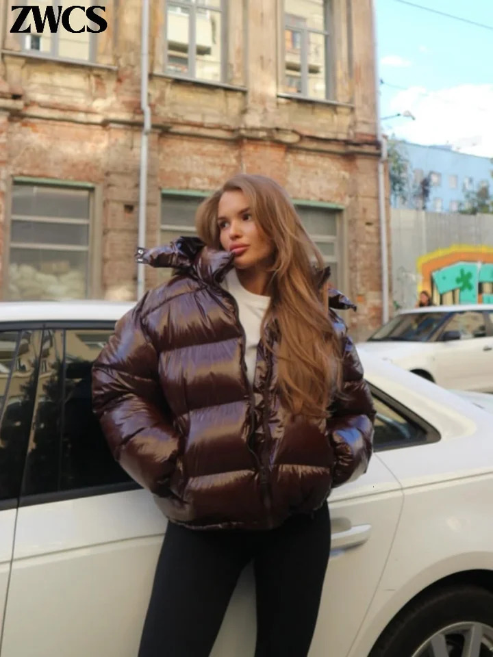 Solide brillant fermeture éclair manteaux à capuche femmes chaud taille élastique plissée courte veste en coton 2025 hiver dame haute vêtements d