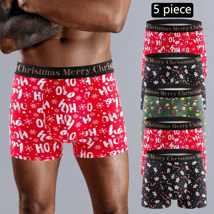 5pcs impression de Noël hommes caleçons shorts lettre ceinture boxer slips marque hommes culottes sous-vêtements en coton homme boxeurs troncs x2