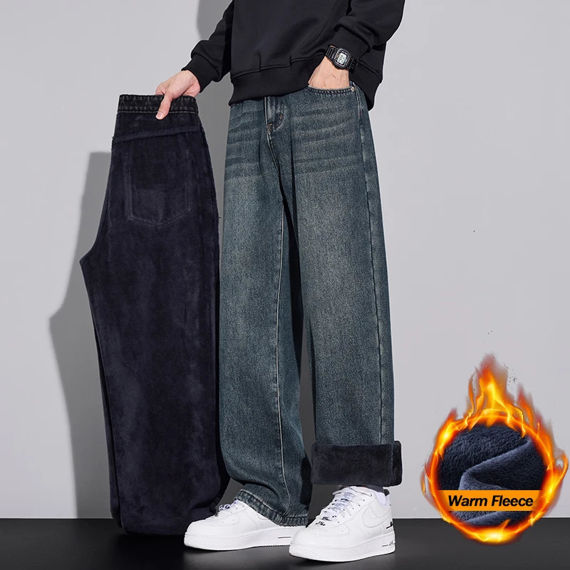 Fleece Jeans Winter Wide Leg Mens Warm Plush Velvet Denim Pants Fashion Korean Straight Streetwear Loose Thick Thermal Trousers 251128