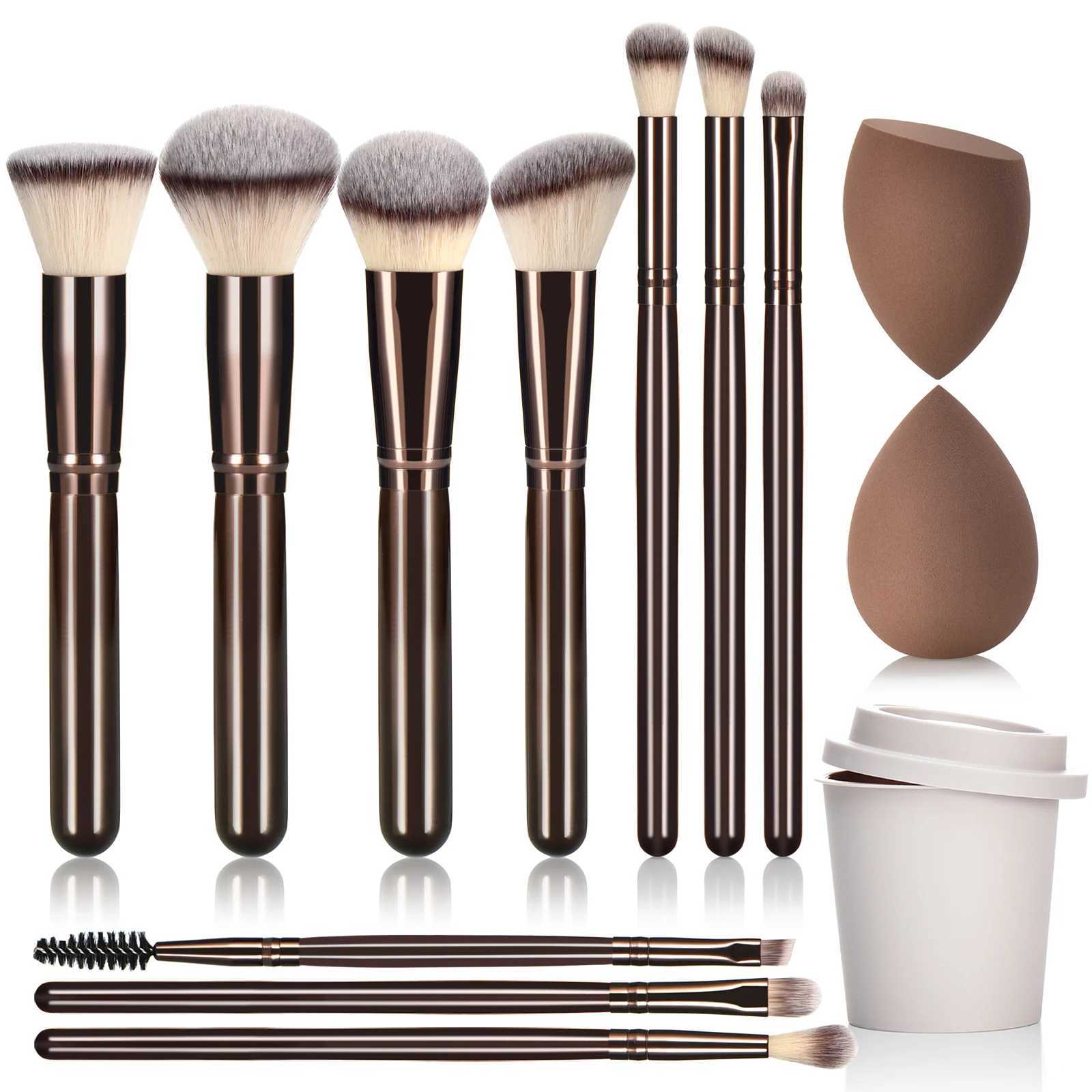 Coffee-Colored Makeup Brush Set with Wooden Handles 10-Piece Ladies Cosmetic Tools including Makeup SpongesT251205-image-1087323933