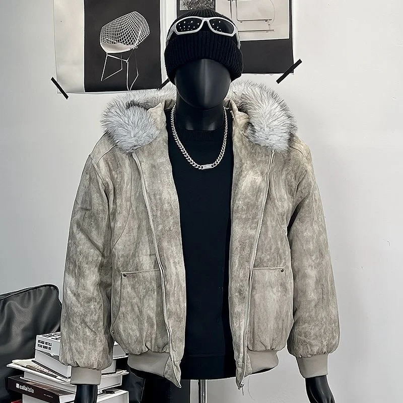 Y2K Cotton jacket with fur collar eagle embroidered and tie-dyeed winter mens n outdoor jacket thick and comfortable 251129