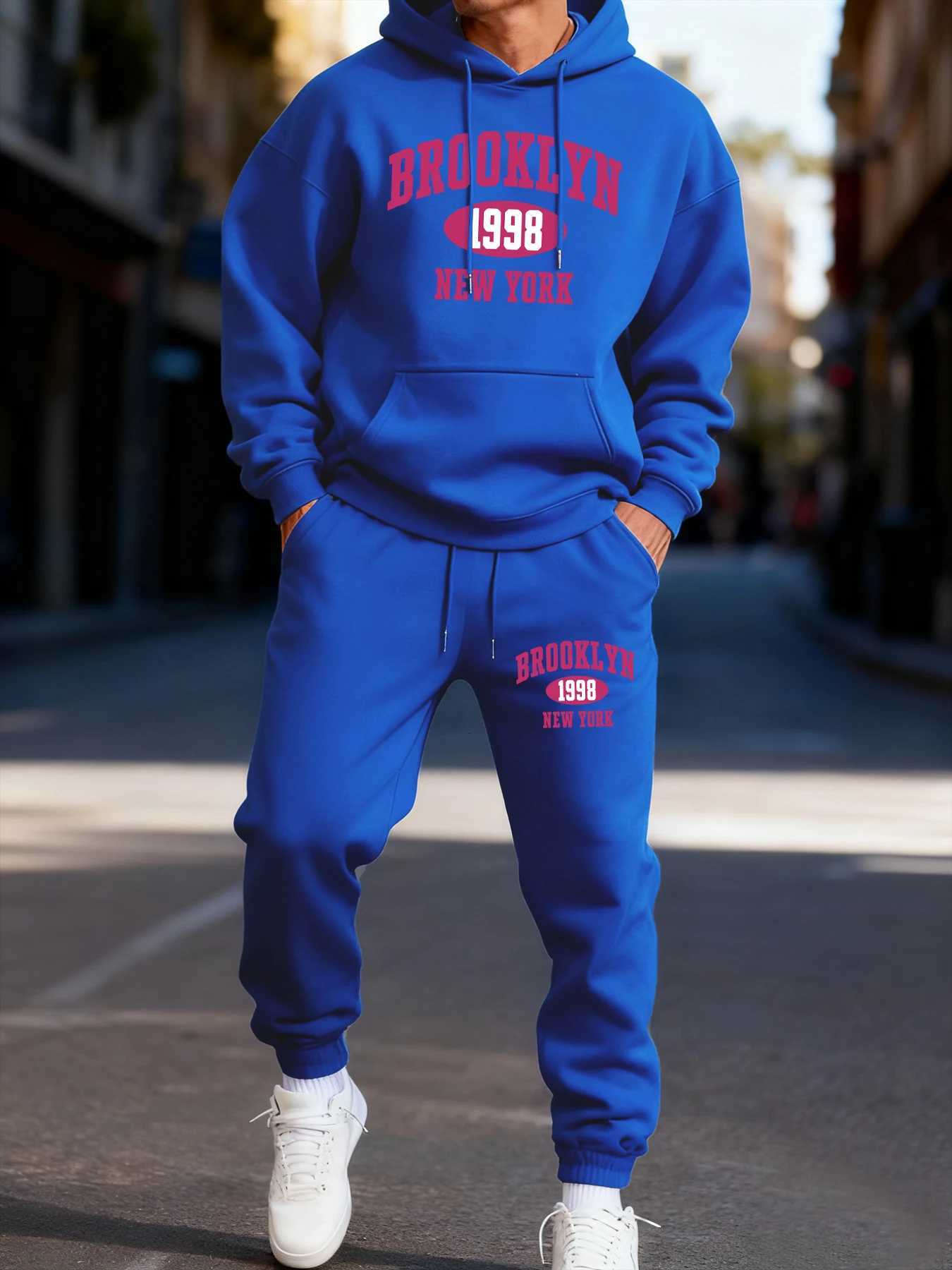 Brooklyn New York 1998 Prints Mans Sweat à capuche Set Pocket Fleece Deux Pices Ensembles Automne Casual Hoody Hiver Sportif Jogging Pantalon de
