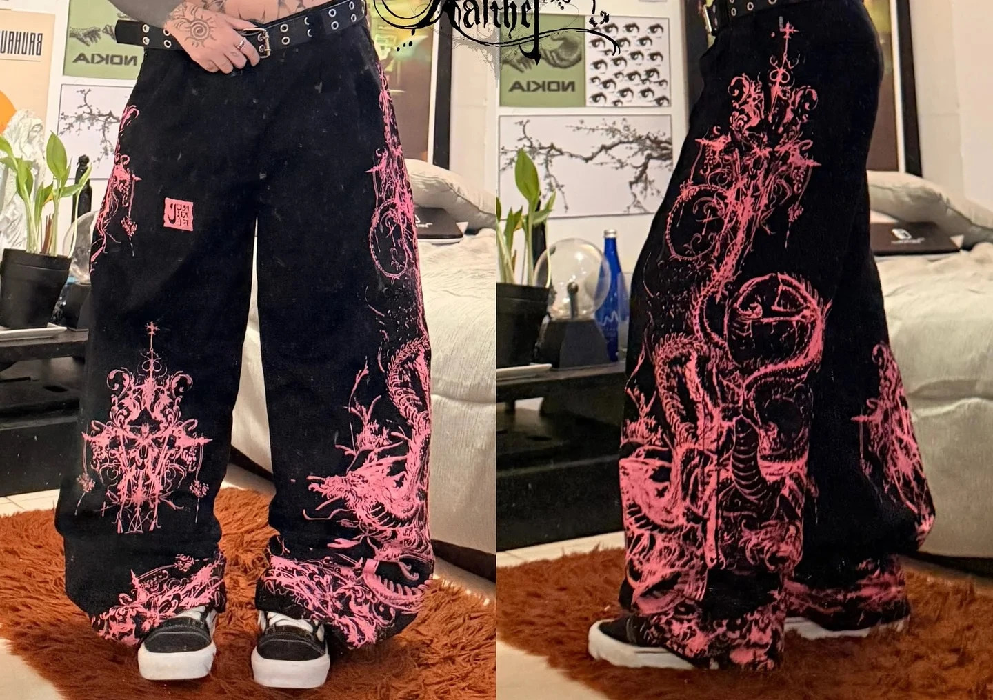 Jean américain à motif Dragon rose, Baggy gothique de rue, noir, Hip Hop, taille haute, large ligne blanche, pantalon à jambes droites, 251205