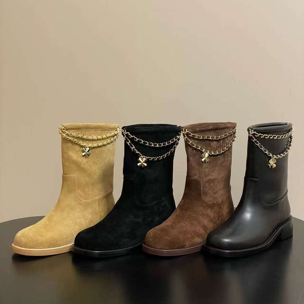 new Four leaf clover double chain Suede Pointed-toe Flat Fashion womens Western Knight Motorcycle Boots Luxury designer shoe woman Martin boot