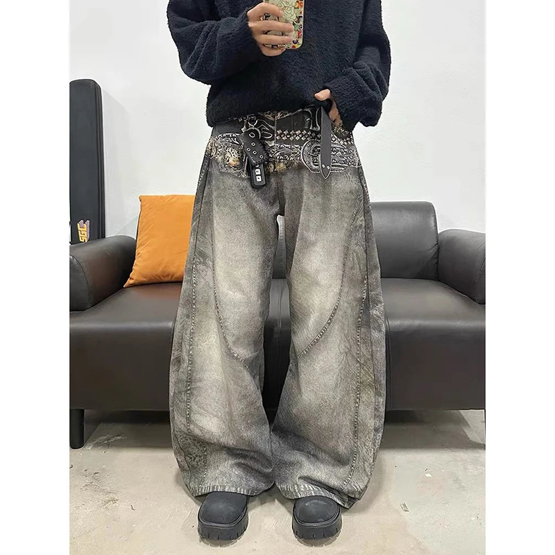 Mens Baggy Y2k Grey Jeans American 2000s Hip Hop Oversize Graffiti 3D Jean Pants Vintage Harajuku Denim Trousers Autumn Winter 251201