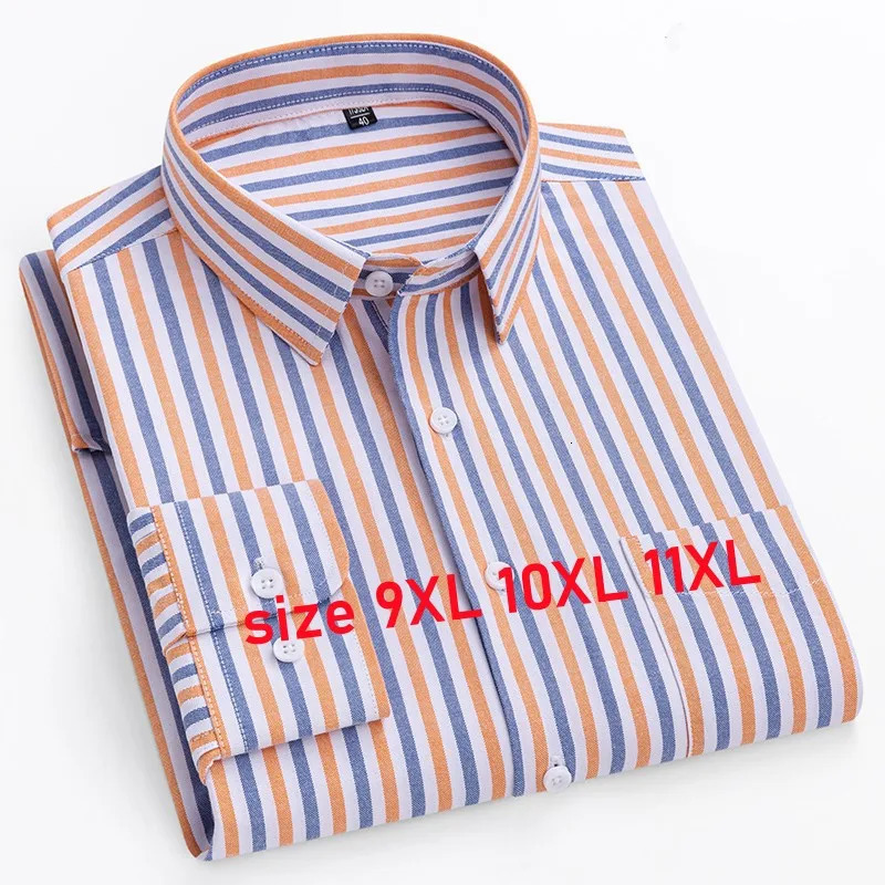Mens Shirt Long Sleeve 100 Pure Cotton Oxford Dress Shirts Striped Regular Fit Casual Soft Male Blouse Clothing 11XL 10XL 9XL 251204