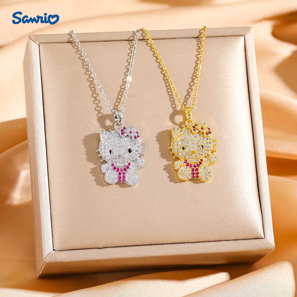 Sanrio Hip Luxury Shiny Zircon Hello Kitty Pendant Necklaces for Women Girls Creative Stainless Steel Chain Jewelry Gifts H251205