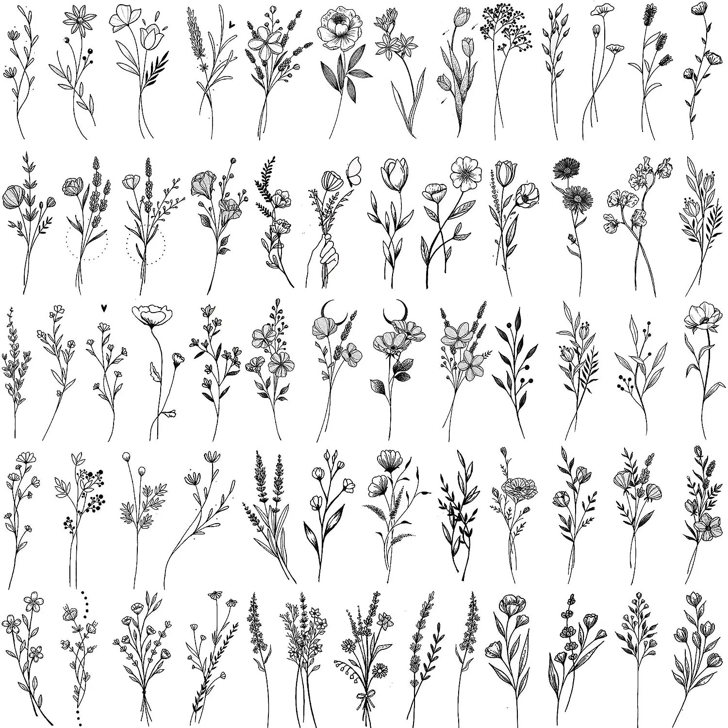 15 feuilles noir minuscule branche de lavande tatouages temporaires pour femmes fille petites fleurs bouquet faux autocollants de tatouage adul