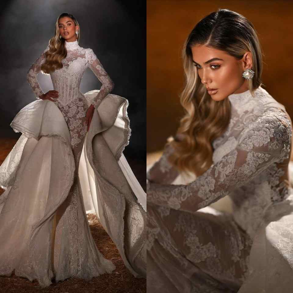 Robe de mariée sirène pour femmes de dubaï, avec traîne détachable, col haut, manches longues, perles en dentelle, robes de gala