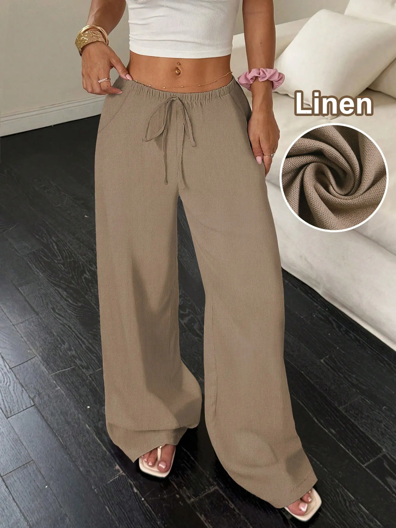 Womens Linen Wide Leg Pants Casual Mid Waist Long Trousers Comfortable Summer Fashion One Piece Ladies Clothing 251204